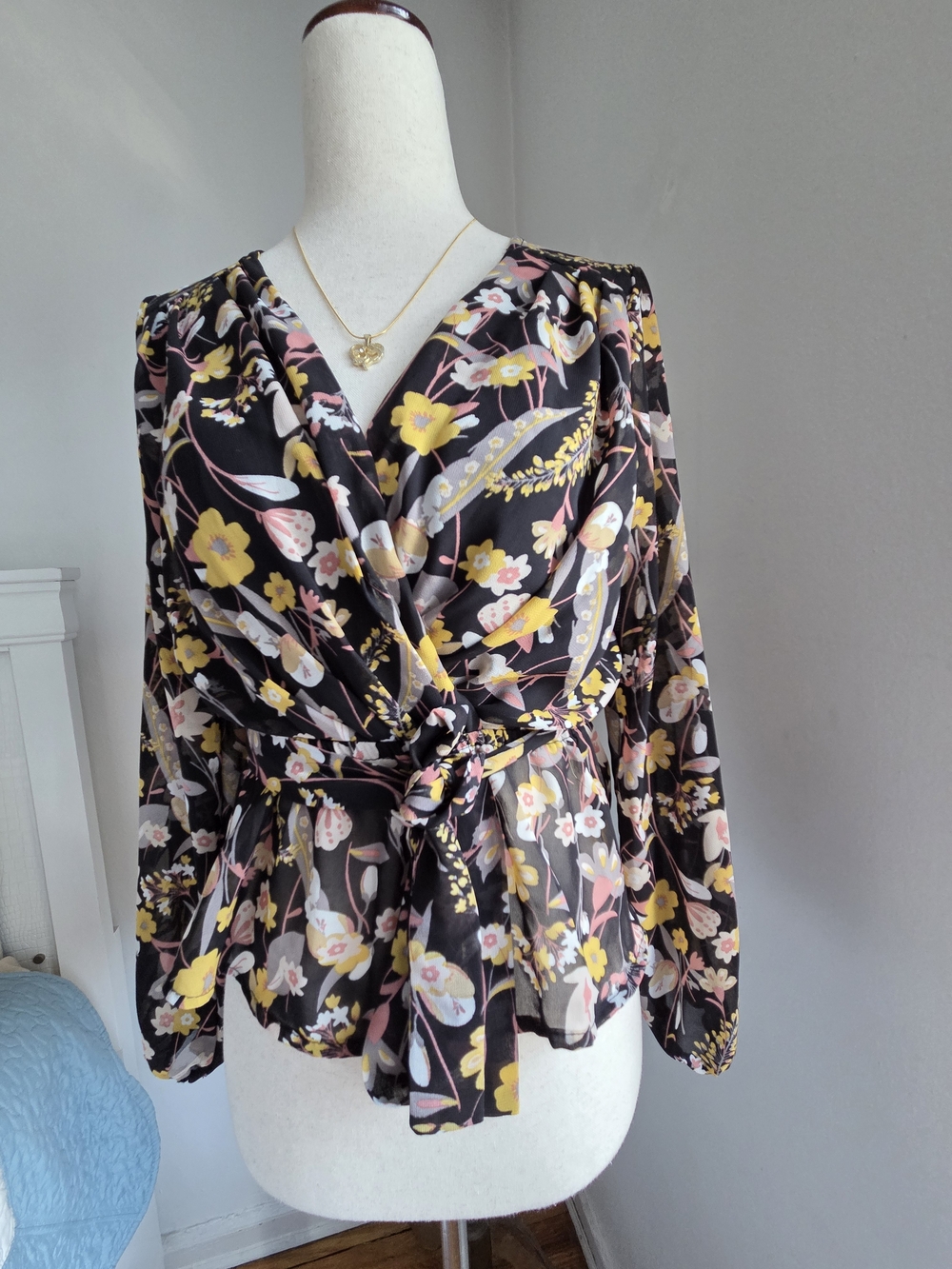 Floral Wrap Blouse in Black with Yellow & Pink Blooms